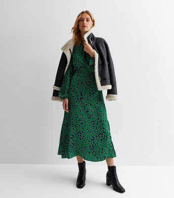 Green Leopard Print Twist Midi Dress New Look