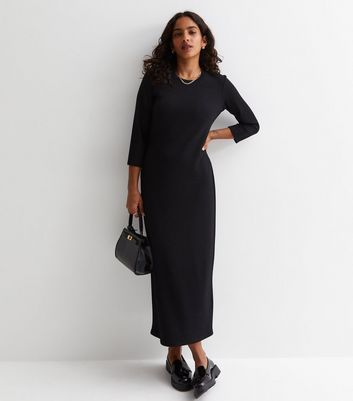 Petite Black Ribbed Jersey 3/4 Sleeve Midaxi Dress New Look