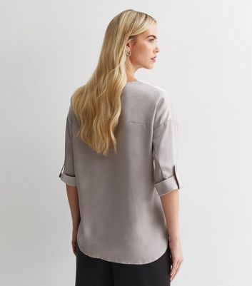 Pewter Satin V Neck Oversized Top New Look