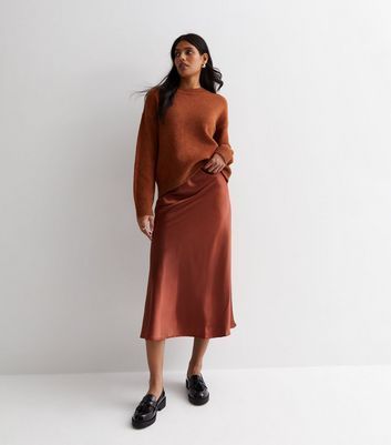 Rust Satin Midi Skirt New Look