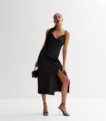 Black Satin Jacquard Strappy Midi Dress New Look