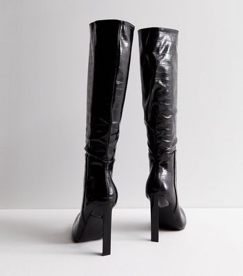Black Leather-Look Knee High Heeled Boots New Look
