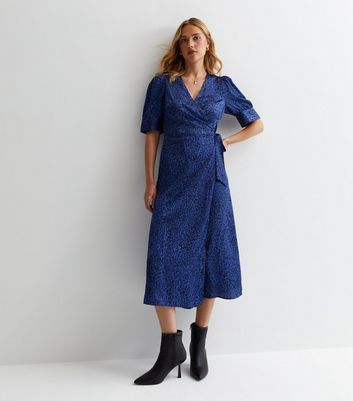 Blue Animal Print Midi Wrap Dress New Look