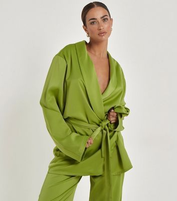 Green Satin Wrap Blazer New Look
