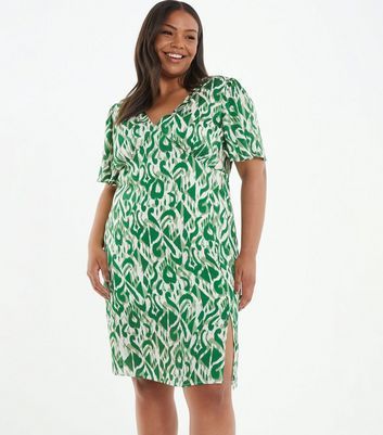 Curves Dark Green Satin Abstract Print Mini Dress New Look