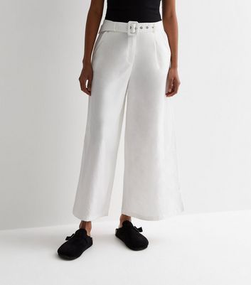 White Linen-Look Belted Wide Leg Trousers New Look