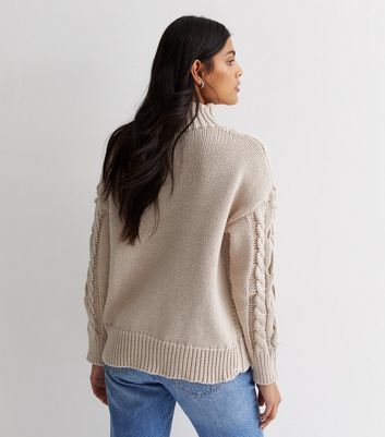Stone Cable Knit High Neck Jumper New Look