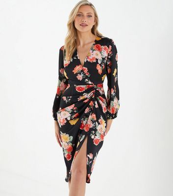 Black Floral Ruched Midi Wrap Dress New Look