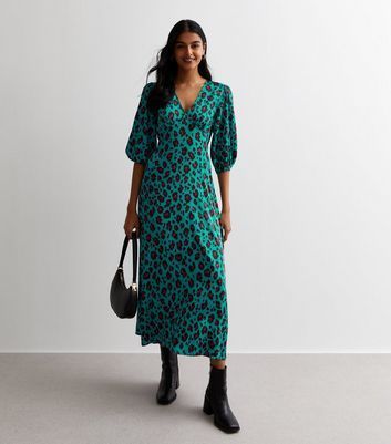 Green Animal Print Satin Puff Sleeve Midaxi Dress New Look