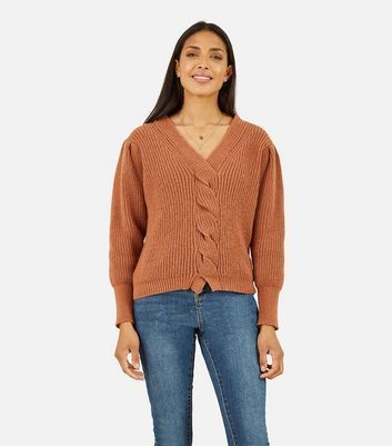 Rust Cable Knit V Neck Jumper New Look