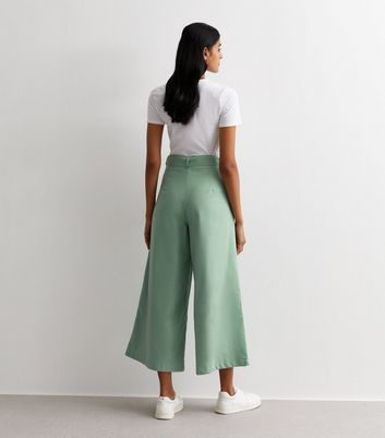 Green Linen-Look Belted Wide Leg Trousers New Look