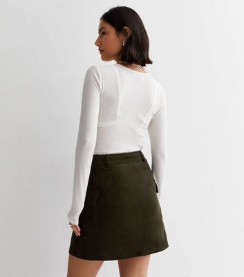 Khaki Cord Cargo Mini Skirt New Look
