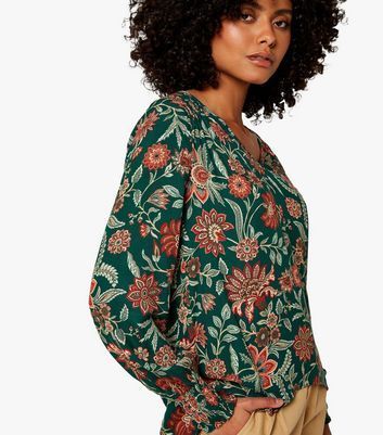 Green Floral V Neck Top New Look