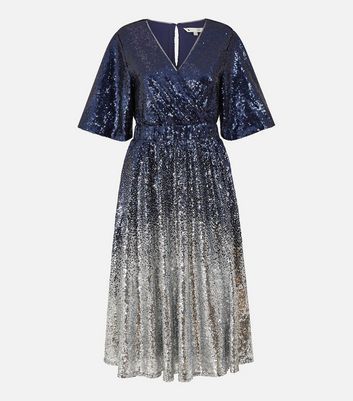 Navy Sequin Wrap Midi Dress New Look