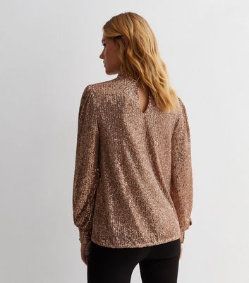 Brown Sequin High Neck Top New Look