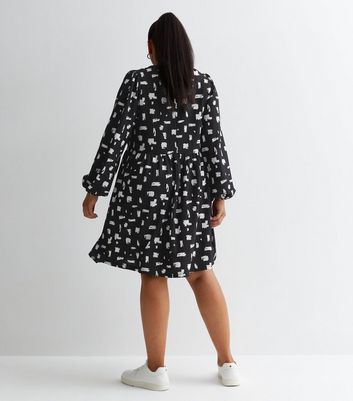 Curves Black Abstract Print Crinkle Jersey Mini Smock Dress New Look
