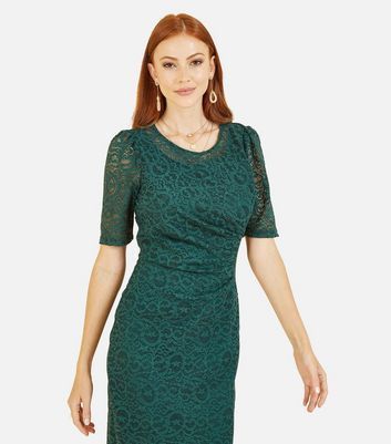 Green Lace Puff Sleeve Dress New Look