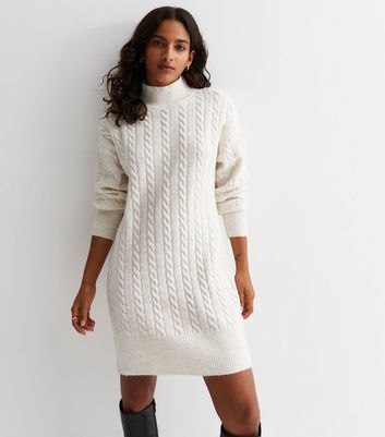 Petite Off White Cable Knit High Neck Mini Dress New Look