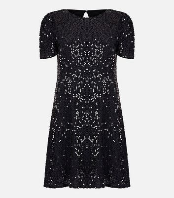 Black Sequin Short Sleeve Mini Dress New Look