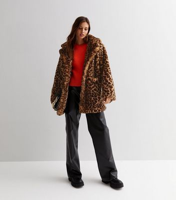 Brown Leopard Print Faux Fur Coat New Look