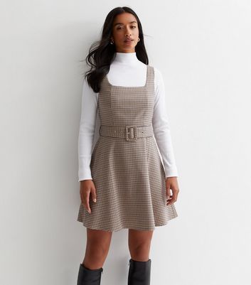 Petite Brown Check Belted Mini Pinafore Dress New Look