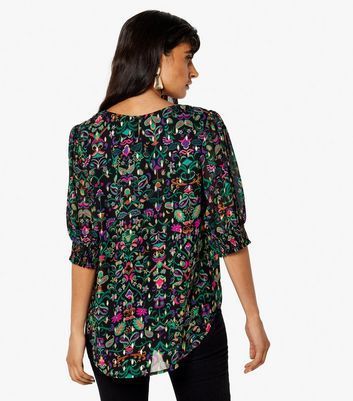 Black Floral Puff Sleeve Top New Look