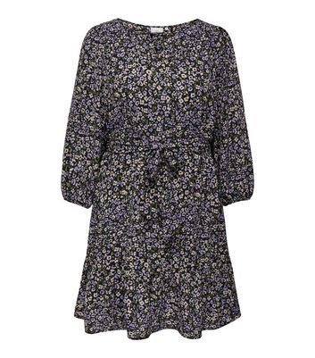 Curves Black Floral Belted Long Sleeve Mini Dress New Look