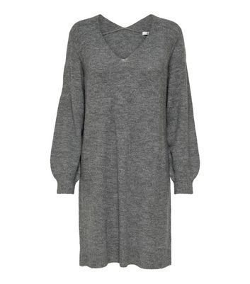 Dark Grey Knit V Neck Mini Dress New Look