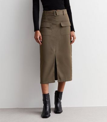 Olive Belted Split Hem Utility Midi Skirt New Look