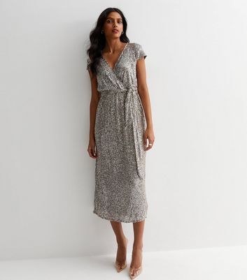 Pewter Sequin Belted Midi Wrap Dress New Look