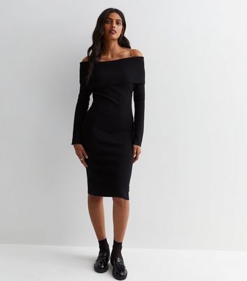 Black Ribbed Knit Bardot Midi Dress New Look