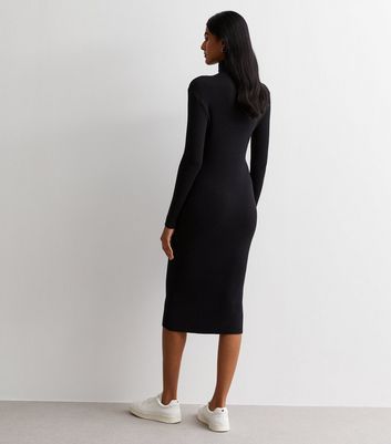 Black Ribbed Knit High Neck Bodycon Midi Dress New Look