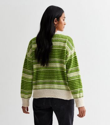 Green Stripe Knit Crew Neck Jumper New Look