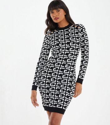 Black Geometric Knit Bodycon Mini Dress New Look