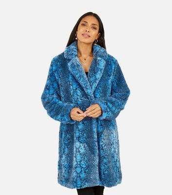 Blue Snake Print Faux Fur Coat New Look