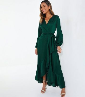 Dark Green Wrap Frill Midaxi Dress New Look