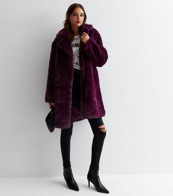 Burgundy Faux Fur Long Coat New Look