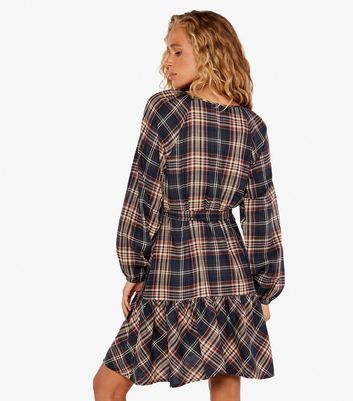 Navy Check Cotton Belted Mini Dress New Look