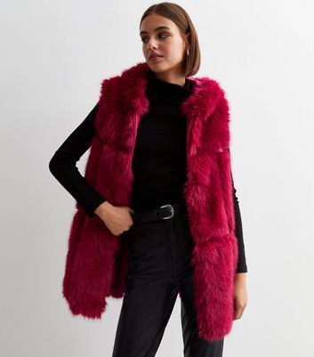 Red Faux Fur Hooded Gilet New Look