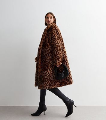 Rust Faux Fur Leopard Print Coat New Look
