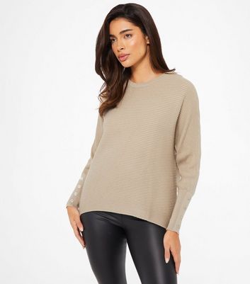 Stone Ribbed Knit Diamanté Button Jumper New Look