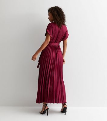 Tall Burgundy Satin Pleated Midaxi Wrap Dress New Look
