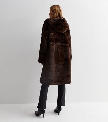 Dark Brown Faux Fur Long Coat New Look