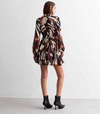 Brown Abstract Print Long Sleeve Mini Dress New Look
