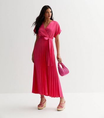 Deep Pink Satin Pleated Midaxi Wrap Dress New Look