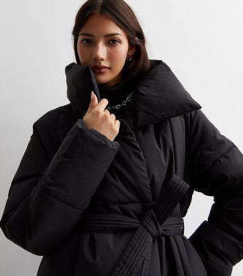 Black Collared Wrap Puffer Jacket New Look
