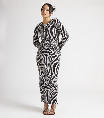 Black Zebra Print Plissé Maxi Dress New Look