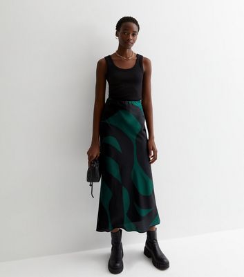 Tall Black Swirl Print Satin Bias Cut Midaxi Skirt New Look