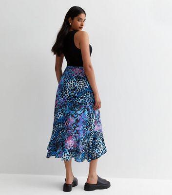 Blue Animal Print Dip Hem Midi Skirt New Look