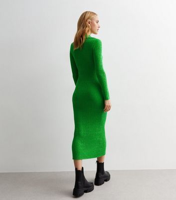 Green Ribbed Knit Collared Midi Dress New Look